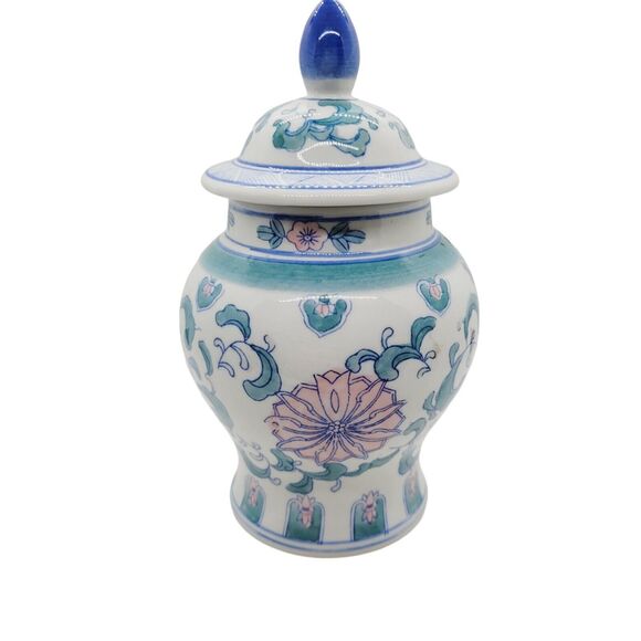 Vintage Ginger Jar Vase with Floral design 8.5" in Tall 1970 Ceramic Blue Floral - Picture 3 of 5